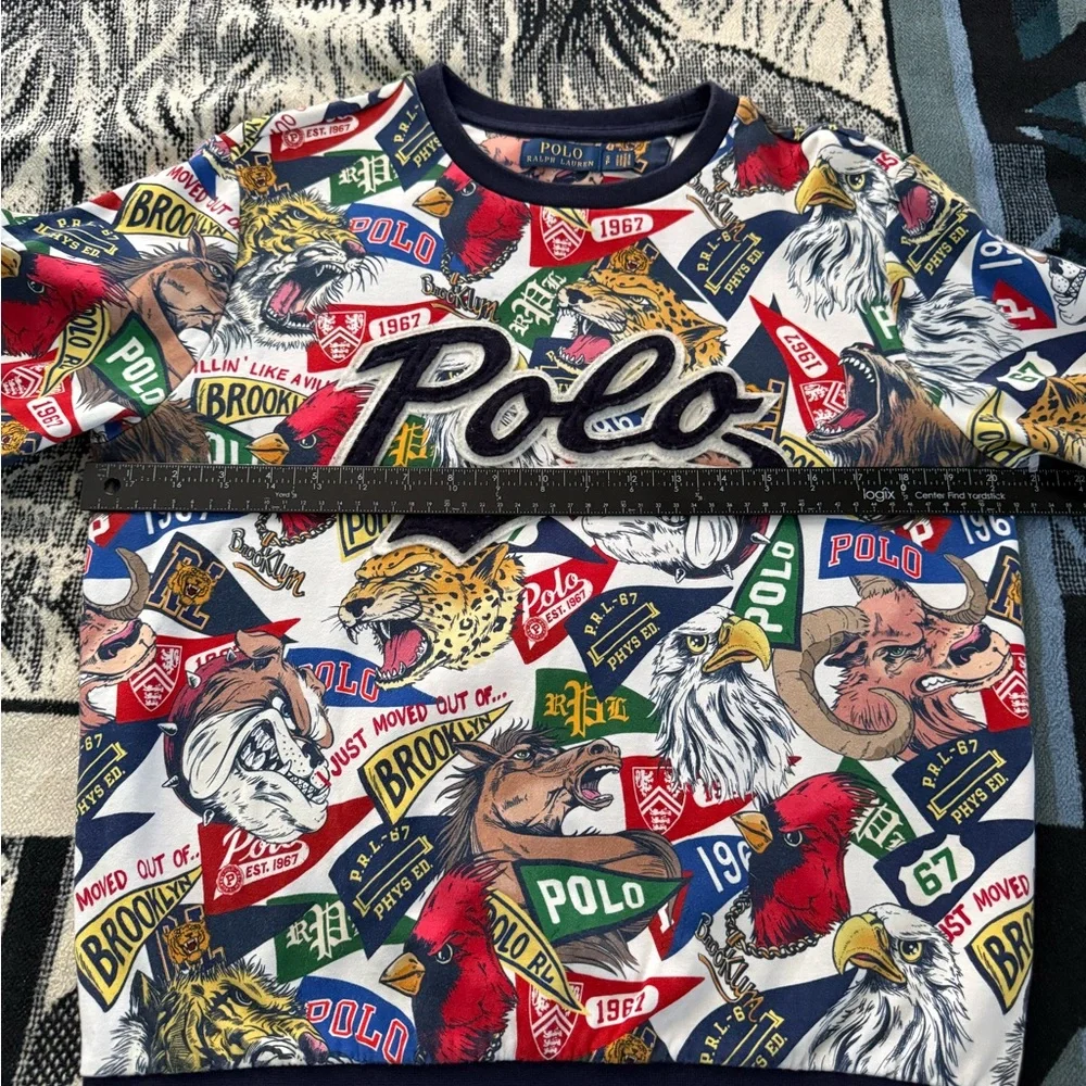 Polo Ralph Lauren University Mascot Graphic Scripted Patchwork Crewneck Sweater